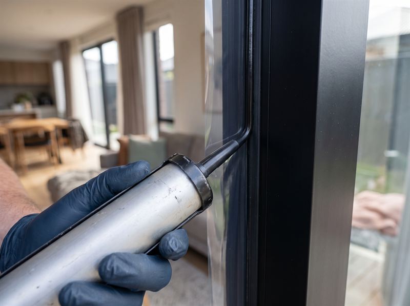 Black structural silicone being applied to anchor security film to a black window frame