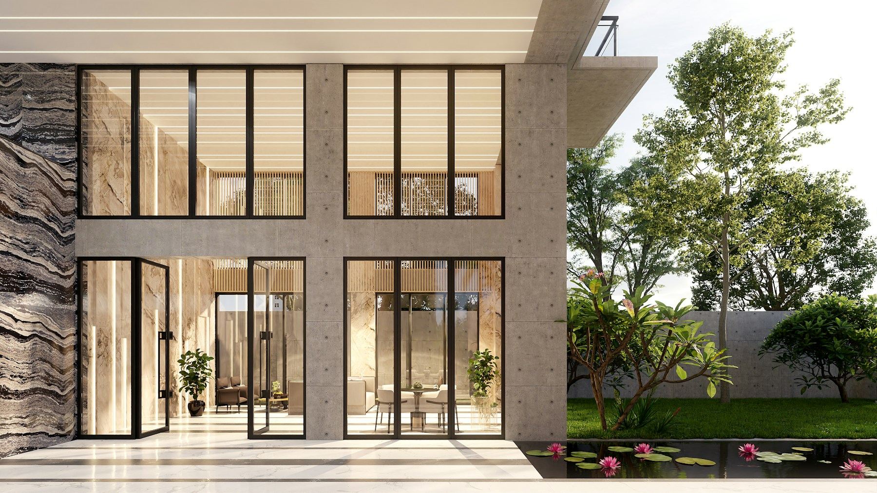 Modern residence with black-framed walls of glass