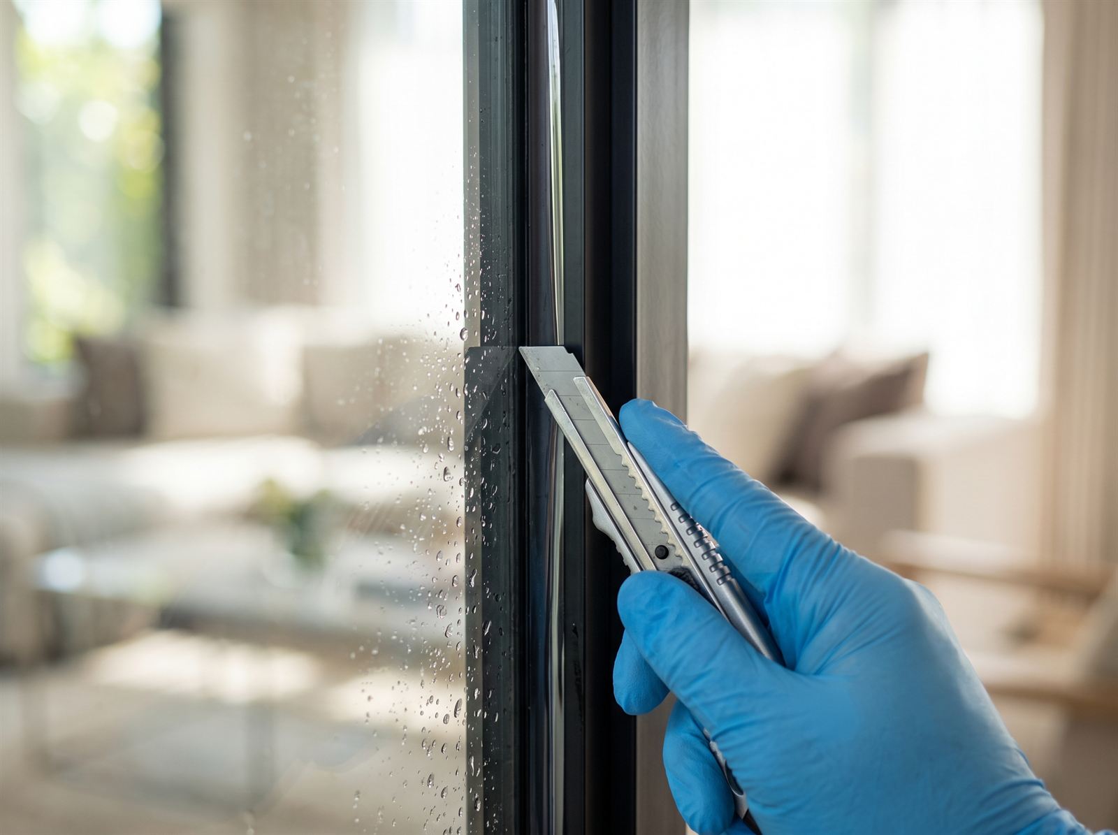 Installer precisely trimming the edge of newly applied security film