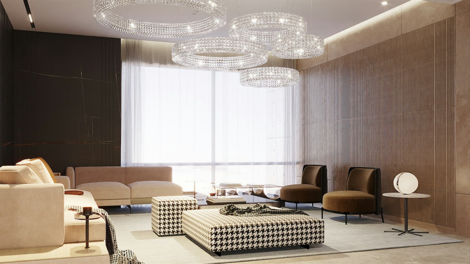Luxury lounge with floor-to-ceiling glass and crystal chandeliers